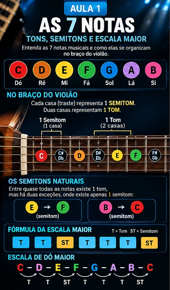 Infográfico da Aula 01 — visão geral das 7 notas, tons, semitons e escala maior