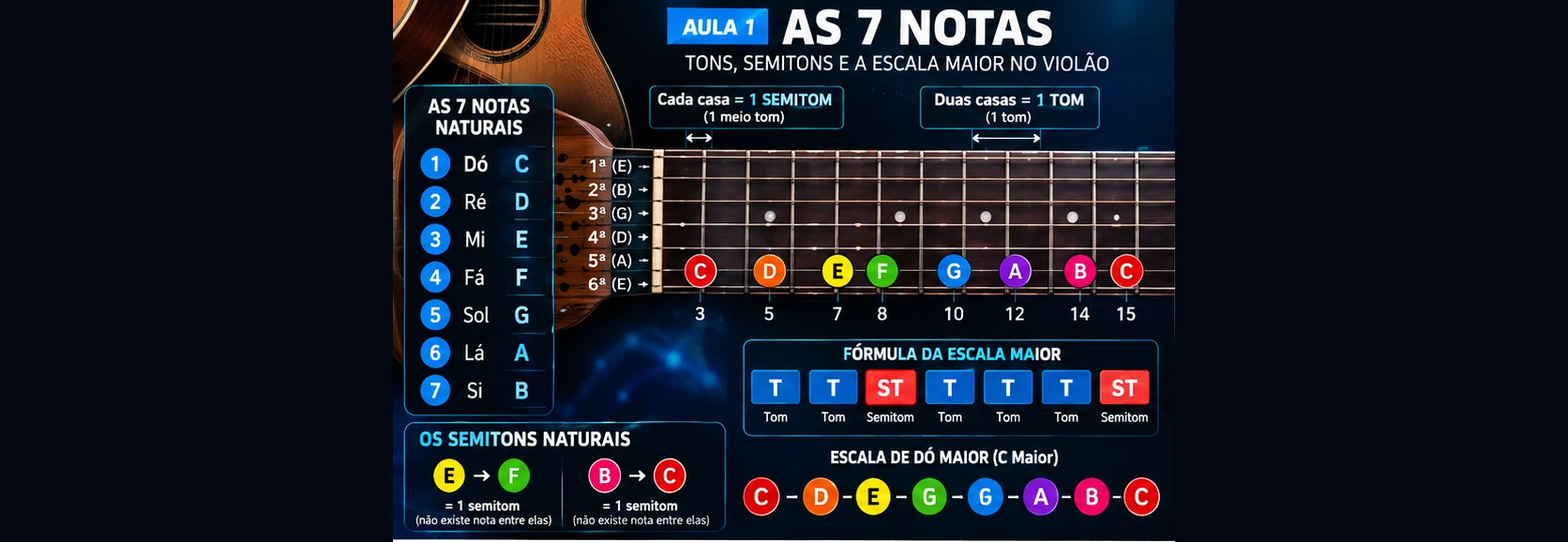 Infográfico da Aula 01 — aplicação das 7 notas no braço do violão